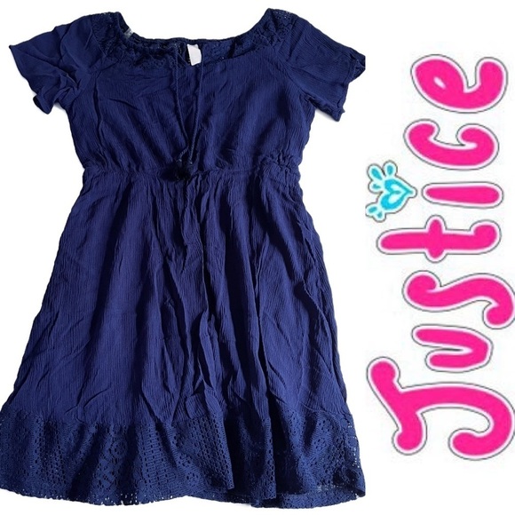 JUSTICE Girl’s Dark Blue Short Sleeve Lace Ruffle Dress - Size 16 - Picture 1 of 7